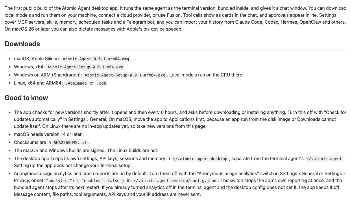Atomic Agent Desktop 開源本機代理,把資料流向看清楚再搬 3 desktop-v0.0.1 release 說明的首段與下載檔名