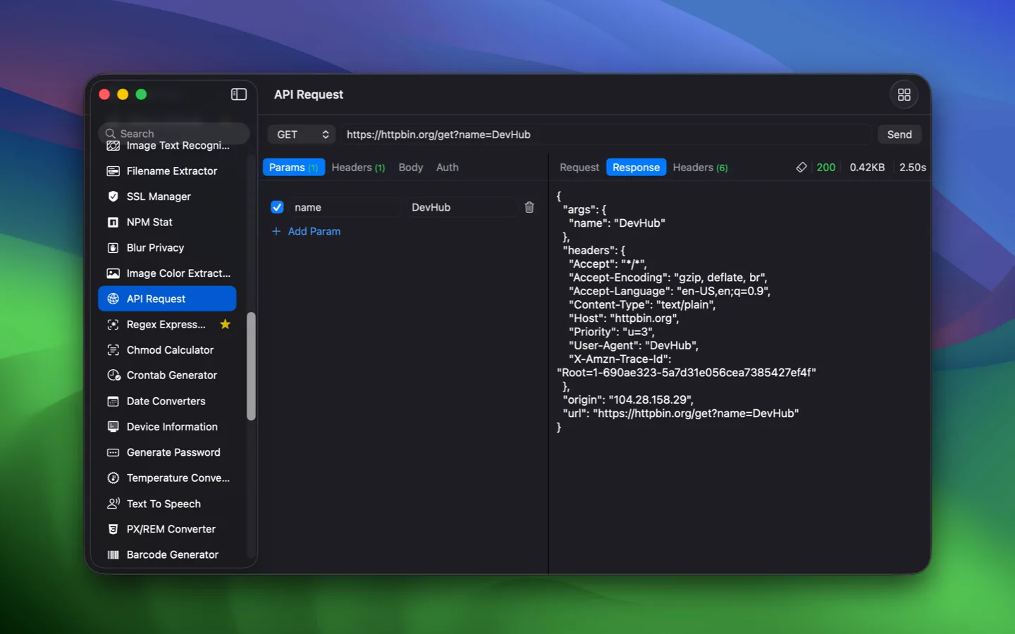 DevHub:Mac 離線開發者工具箱,68 個工具收進一個原生 App 3 DevHub 的 API Request 工具畫面官方截圖,可設定請求參數與表頭送出,回應區顯示 JSON 結果