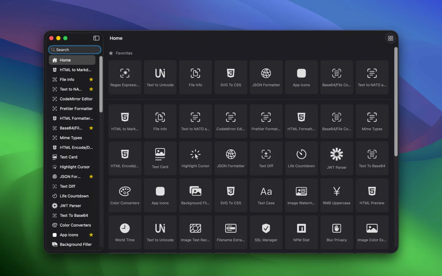 DevHub:Mac 離線開發者工具箱,68 個工具收進一個原生 App 2 DevHub 的 Home 主畫面官方截圖,側邊欄是搜尋框與工具清單,主區域以格狀排列數十個工具圖示卡片