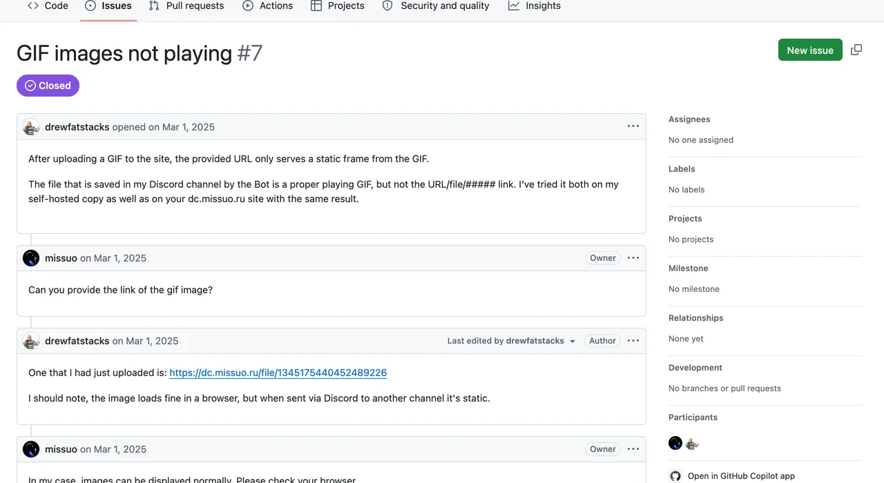 GitHub issue 編號 7 的頁面截圖，標題 GIF images not playing，回報 GIF 動圖經轉址連結嵌入後變成靜止畫面
