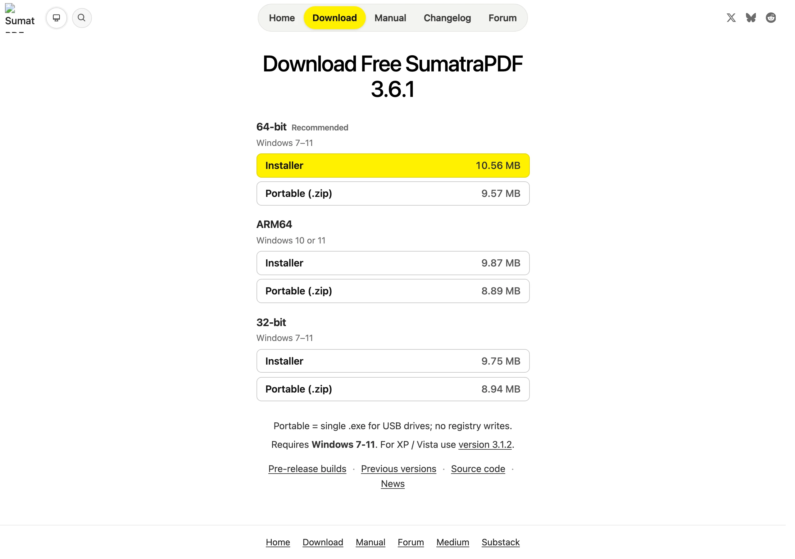 Sumatra PDF 官方下載頁，提供 3.6.1 穩定版安裝檔與可攜版，以及 64 位元、ARM64、32 位元三種版本