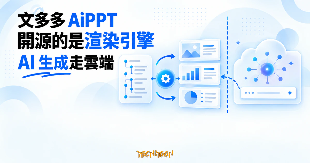 文多多 AiPPT 開源碼實測:能自架的只有渲染引擎,AI 生成靠官方雲端 1 TechMoon 精選圖|文多多 AiPPT 的開源渲染引擎與雲端 AI 生成服務分界