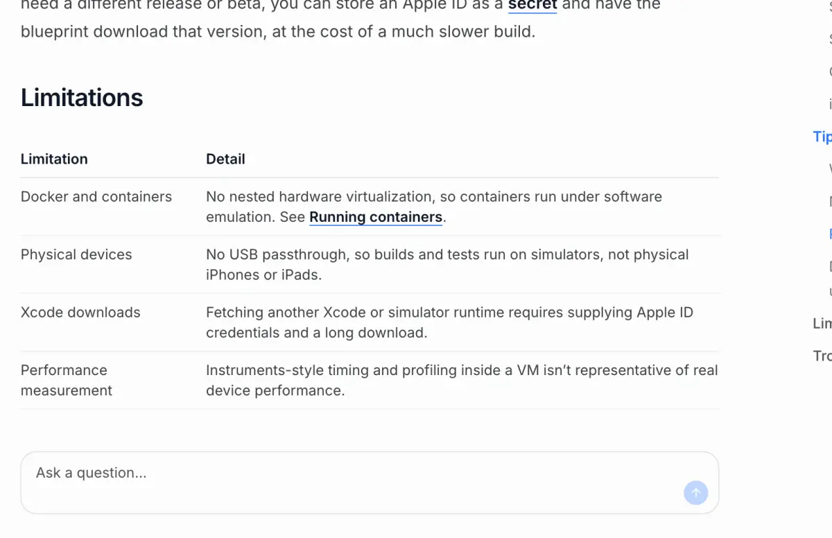 Devin macOS support 文件的 Limitations 表：無 USB passthrough、VM 效能量測不代表實機