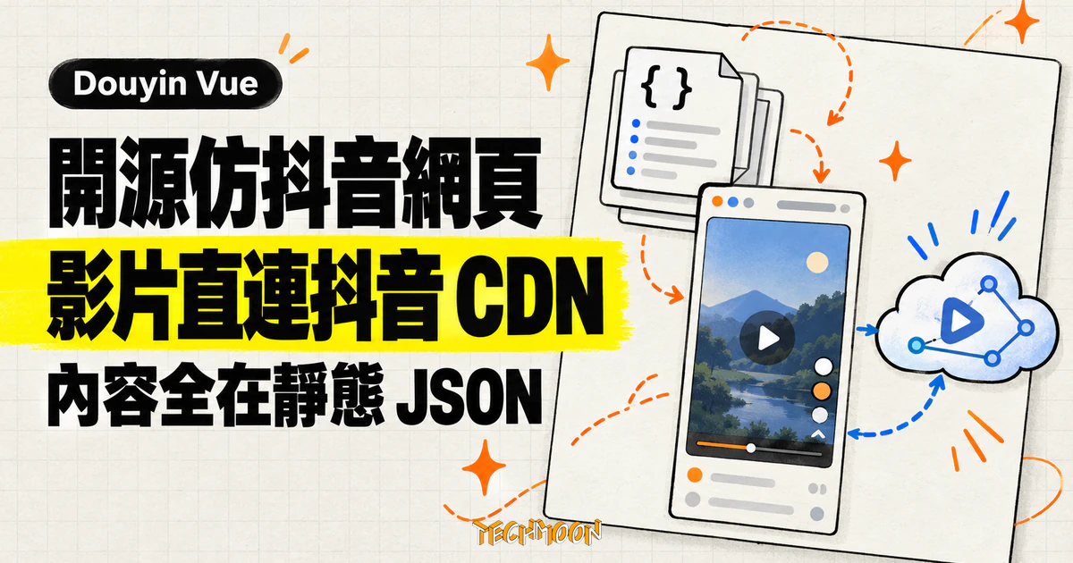 Douyin Vue 仿抖音實測:影片真的播得動,後端是一包靜態檔 1 TechMoon 精選圖|Douyin Vue 開源仿抖音網頁,影片直連抖音 CDN,內容來自靜態 JSON