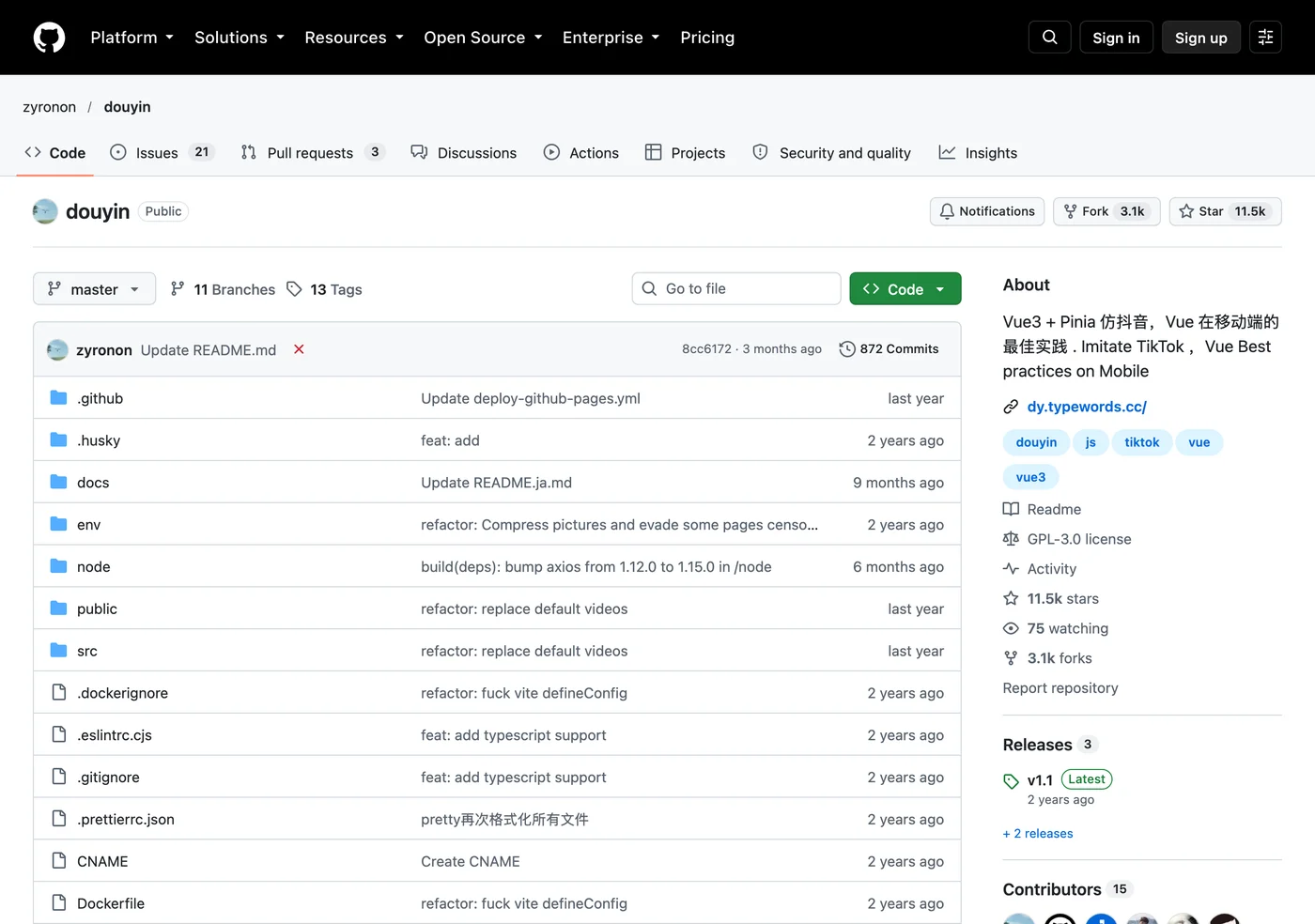 Douyin Vue 仿抖音實測:影片真的播得動,後端是一包靜態檔 3 zyronon douyin 的 GitHub 倉庫頁面,顯示 Vue3 加 Pinia 仿抖音簡介、GPL-3.0 授權與 dy.typewords.cc 示範站連結