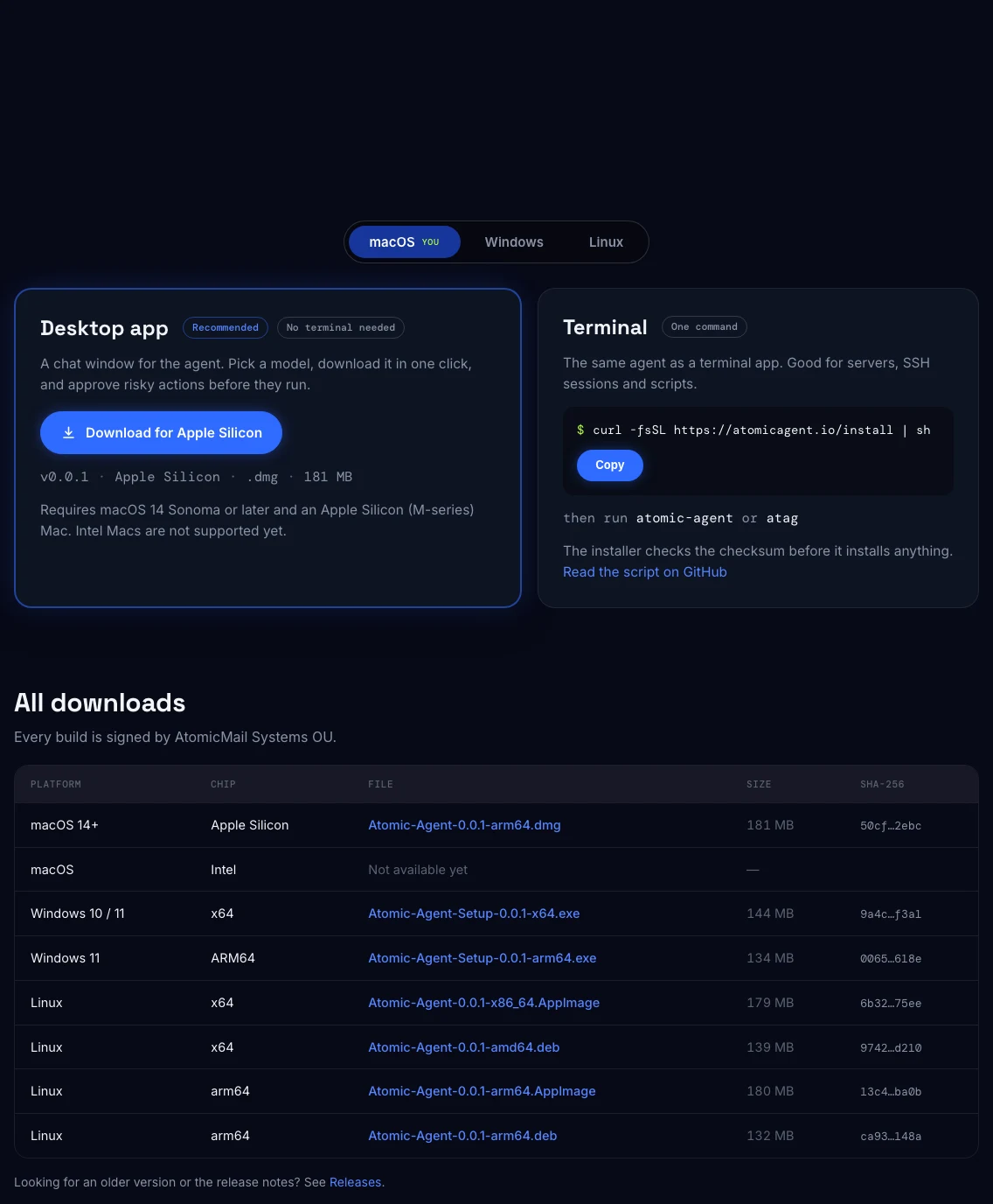 Atomic Agent Desktop 開源本機代理,把資料流向看清楚再搬 2 官方下載頁的 macOS 桌面版卡片