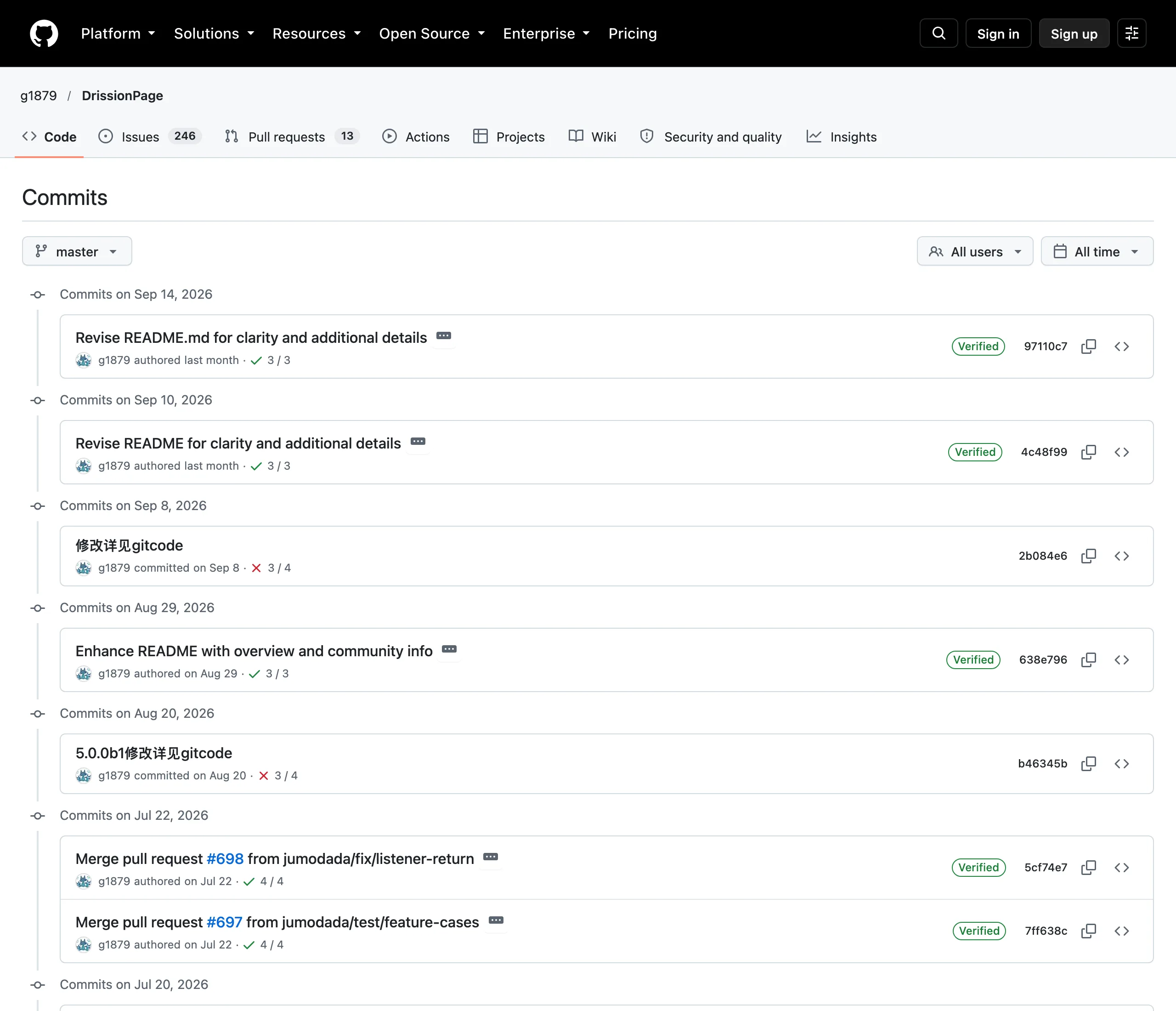 DrissionPage 實測:把瀏覽器控制與收包裝進同一套語法 4 GitHub 上 DrissionPage master 分支的提交歷史,最近的提交多為 README 修訂,其中一則訊息寫著「修改詳見gitcode」(GitHub 官方頁面截圖)