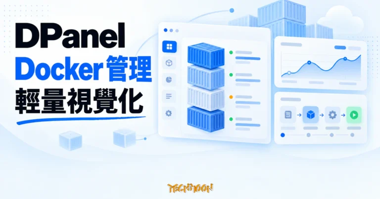 TechMoon 精選圖｜DPanel 開源 Docker 容器管理面板，以亮藍色儀表板卡片呈現容器、資源監控與部署流程