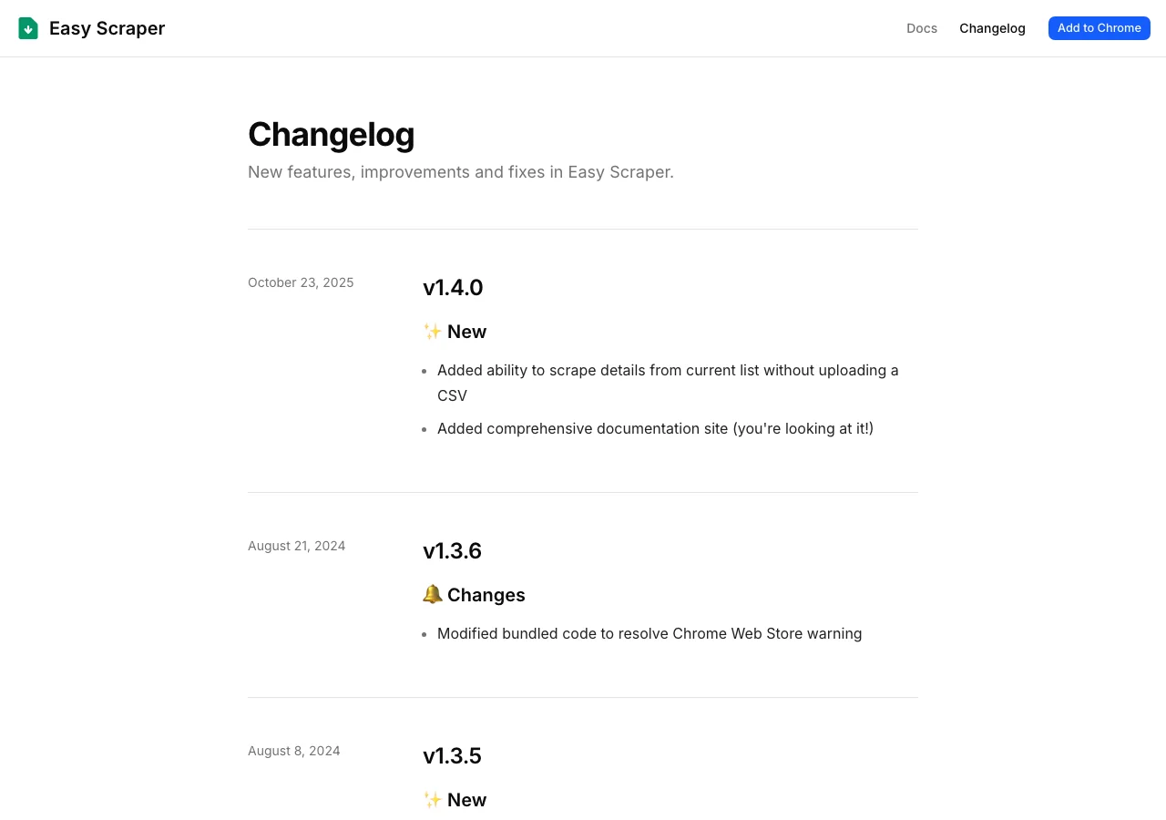 Easy Scraper 官網更新日誌頁面的版本紀錄列表