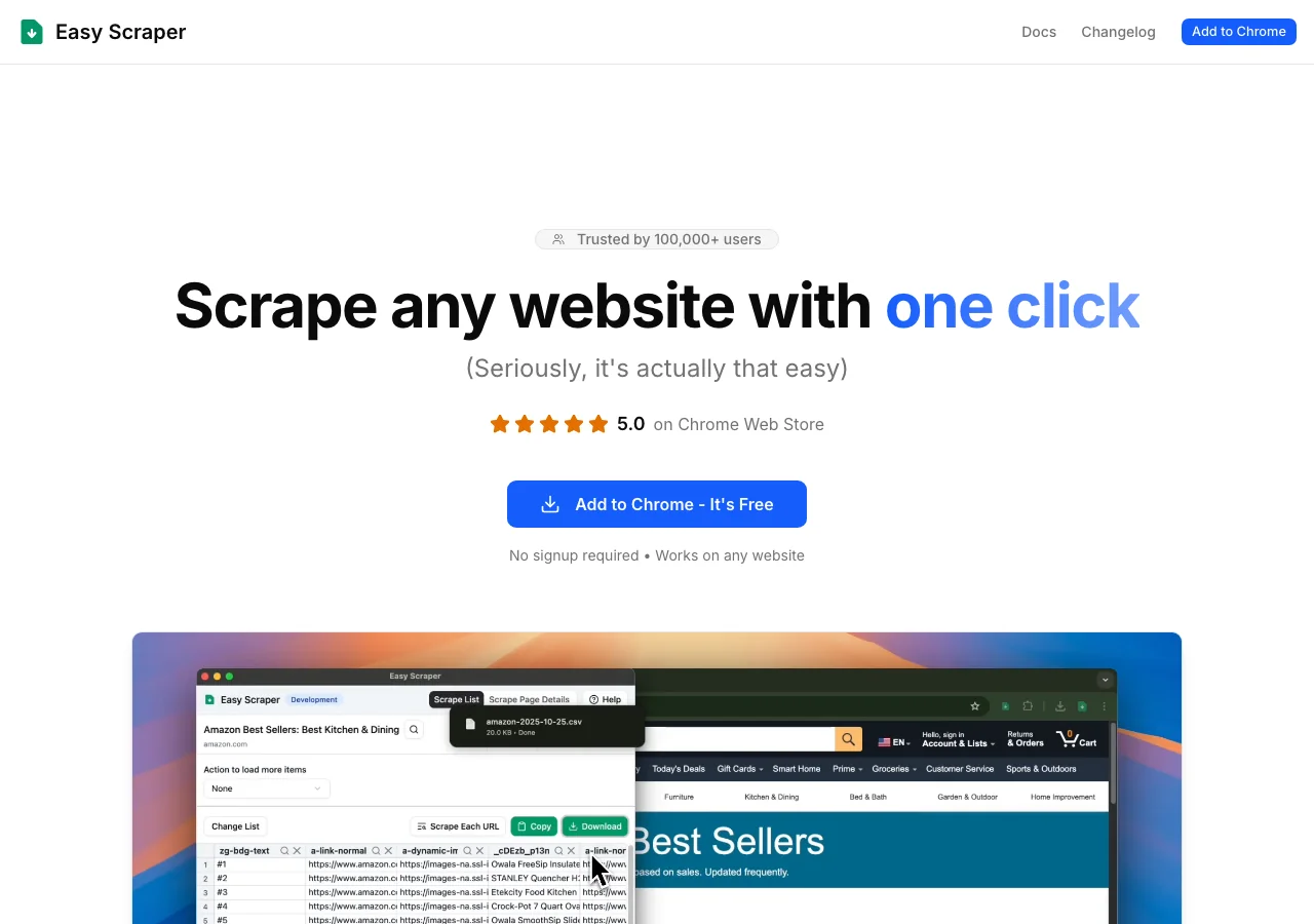 Easy Scraper 官網首頁的宣傳標語與加到 Chrome 按鈕