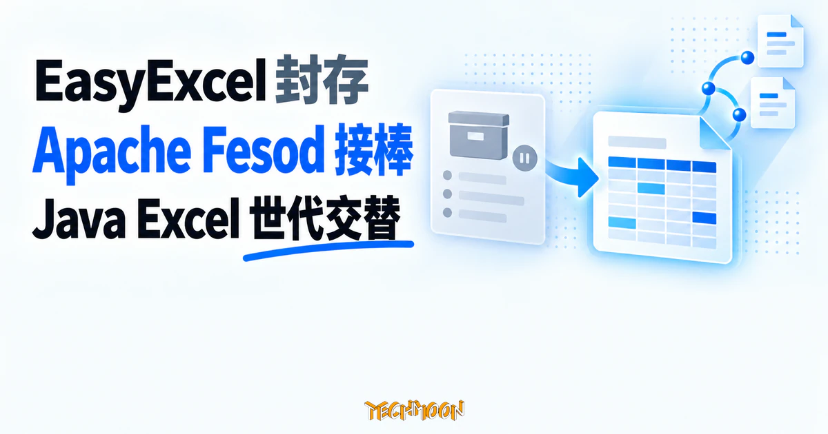 EasyExcel 還能用嗎?阿里開源 Excel 庫的現況與搬家路線 1 TechMoon 精選圖|EasyExcel 舊倉庫封存,由 Apache Fesod 接棒持續維護 Java Excel 處理庫的世代交替