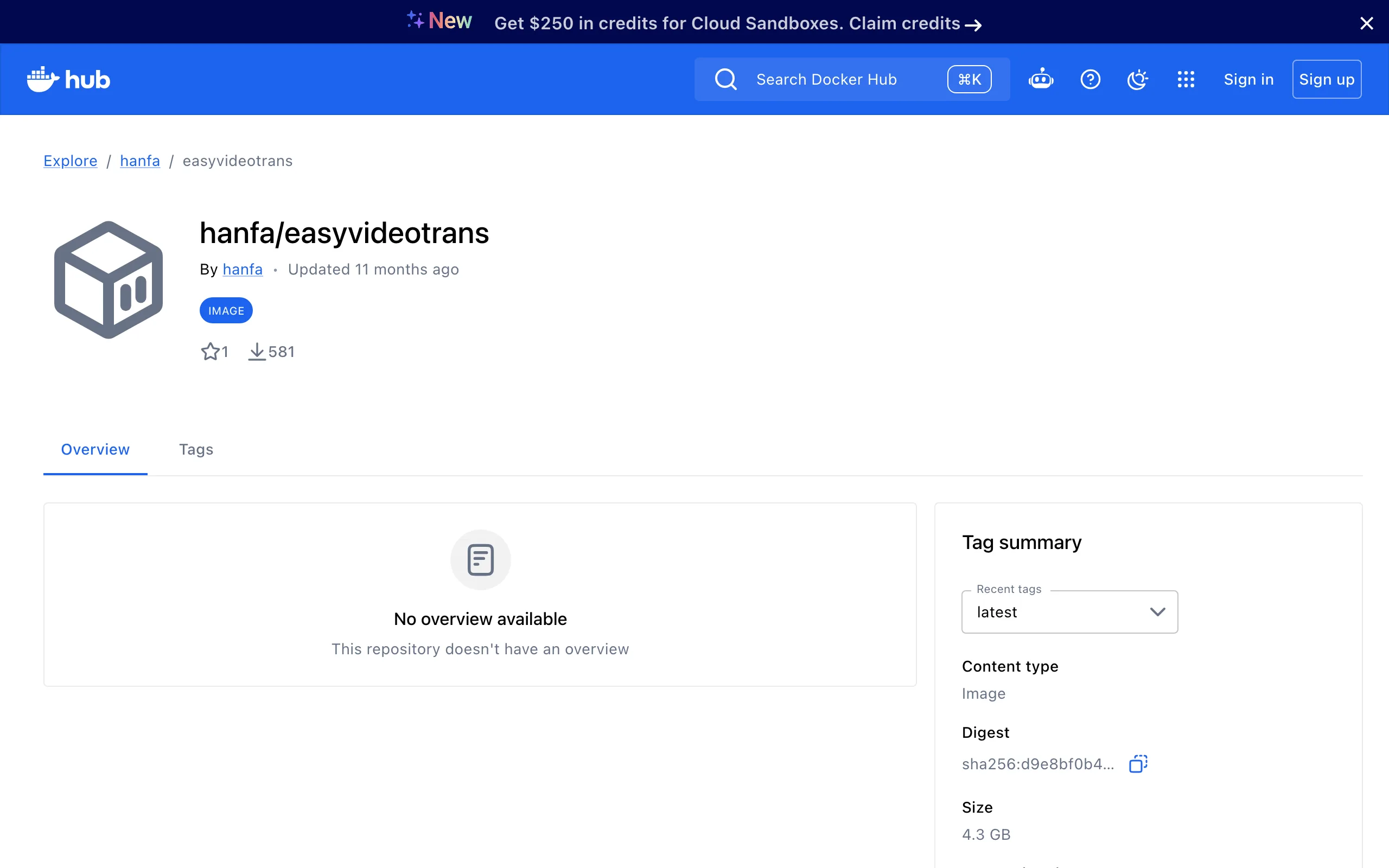 Docker Hub 上 hanfa/easyvideotrans 映像頁面，顯示累積 581 次拉取、latest 標籤、最後更新約 11 個月前