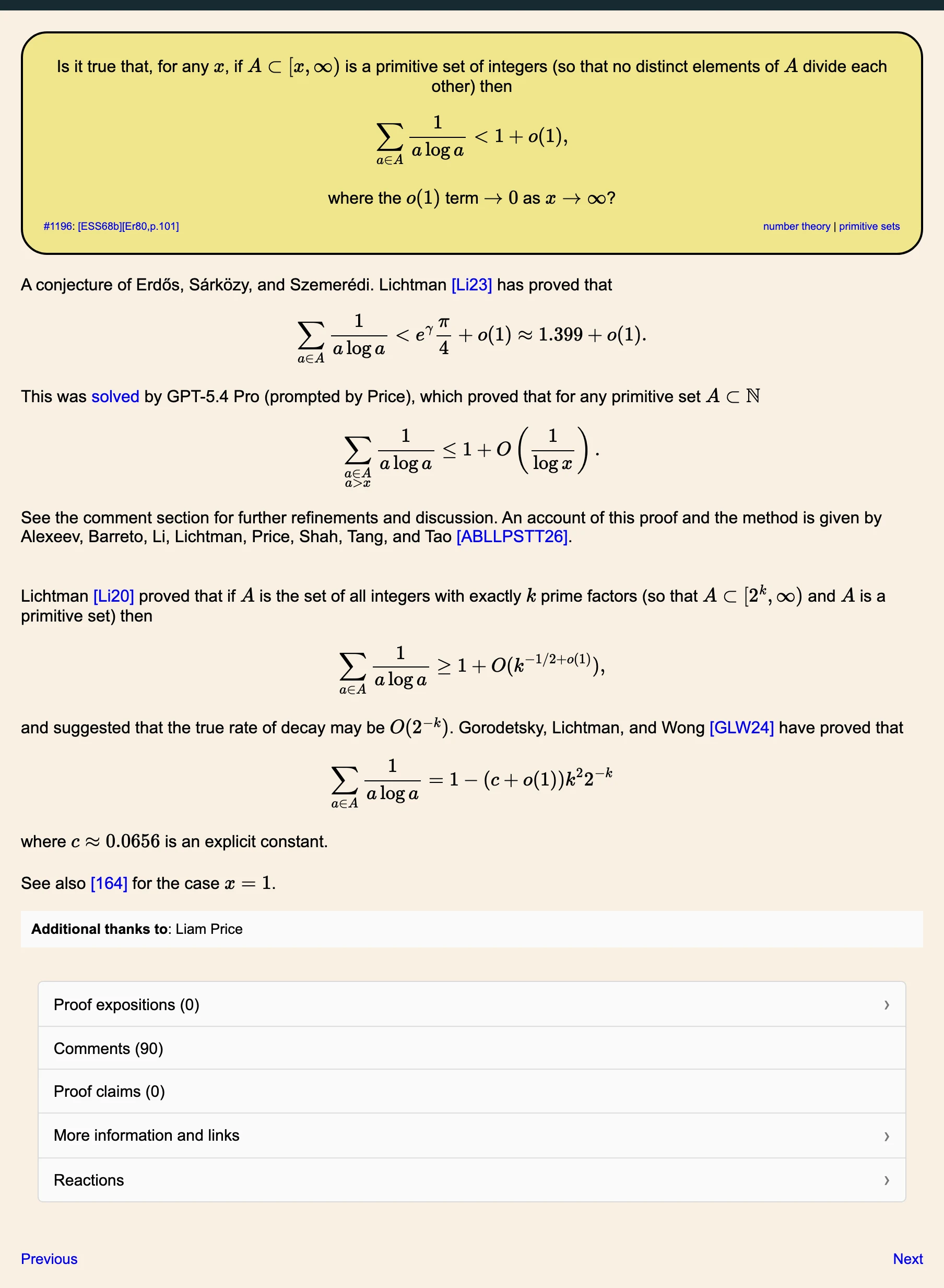 Erdős 問題 1196 官方頁面，記載本題由 GPT-5.4 Pro 解出、提問者為 Price，並列出後續論文的八位作者