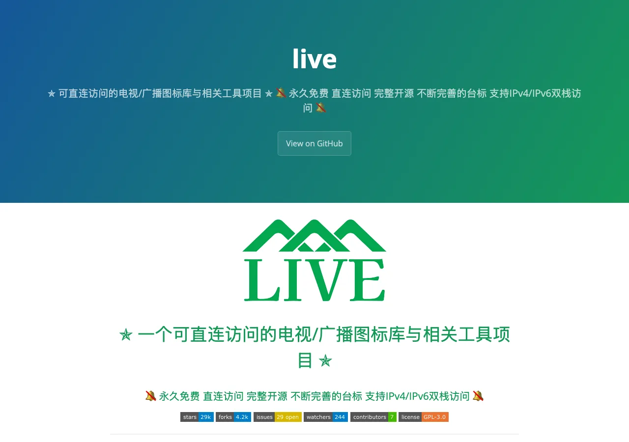 fanmingming live 開源台標庫實測,看清直播清單連得上幾成 3 fanmingming live 專案首頁,由 README 自動渲染,含 GitHub 星數徽章與使用方法表格