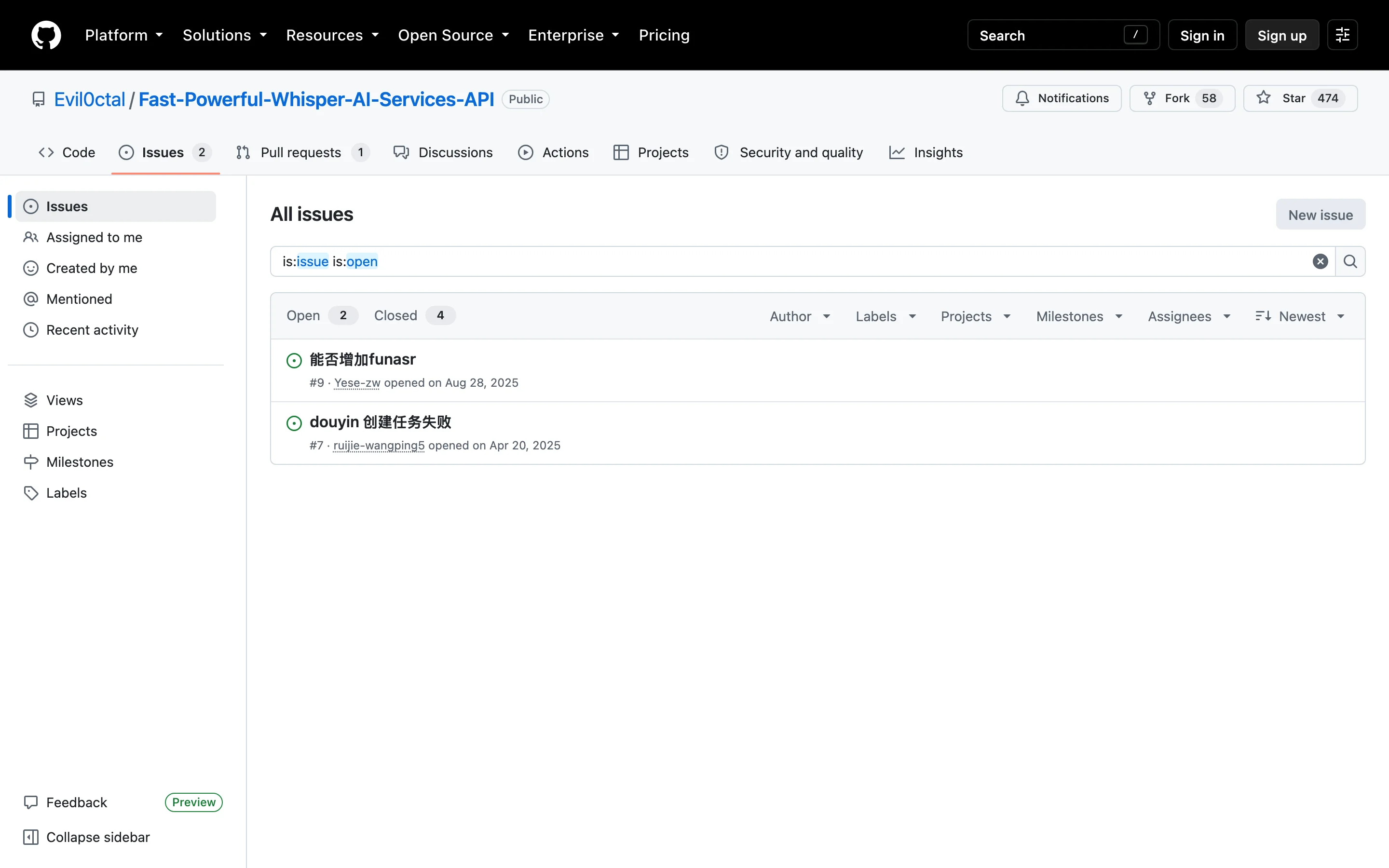 自架 Whisper 轉錄 API 開源實測:把語音辨識裝進自己的 GPU 4 GitHub 開啟中 issue 清單截圖,抖音任務建立失敗的通報從 2025 年 4 月至今無人討論