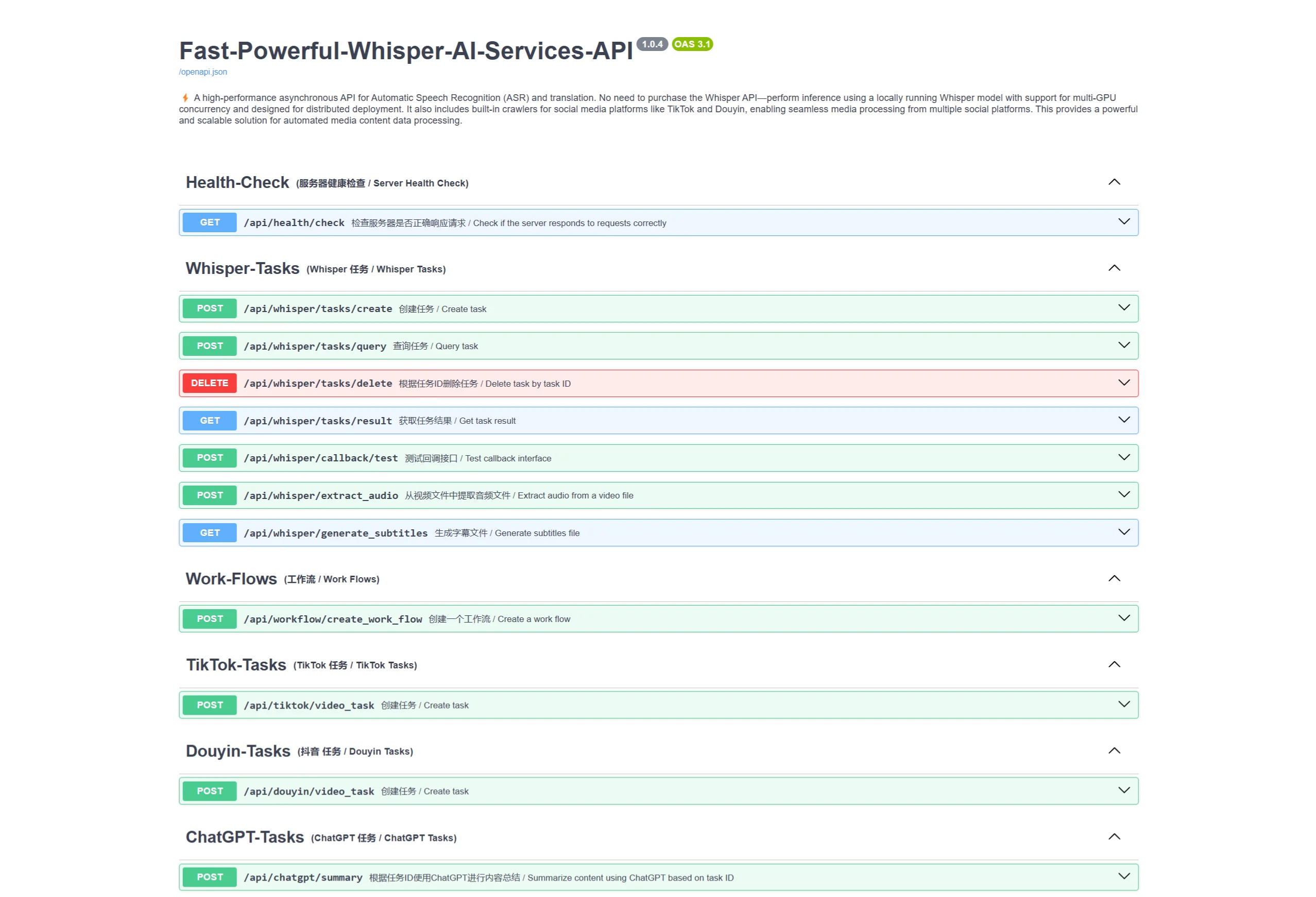 自架 Whisper 轉錄 API 開源實測:把語音辨識裝進自己的 GPU 3 專案官方文件提供的 Swagger API 文件頁截圖,列出 Whisper 任務與字幕產出端點
