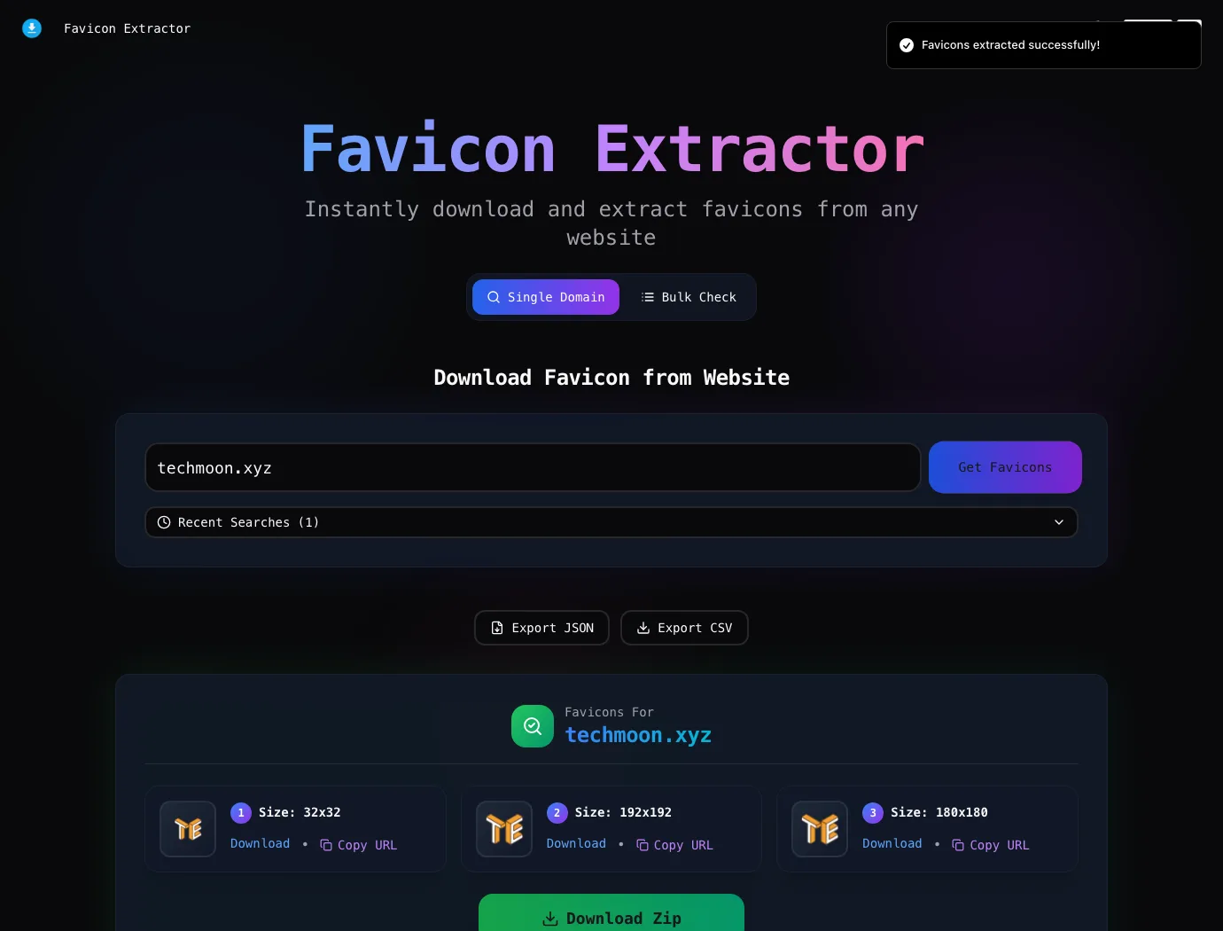 Favicon Extractor 開源圖示工具,一次攤開網站宣告的全部尺寸 2 Favicon Extractor 查詢 techmoon.xyz 的結果畫面,列出三張圖示與尺寸標示
