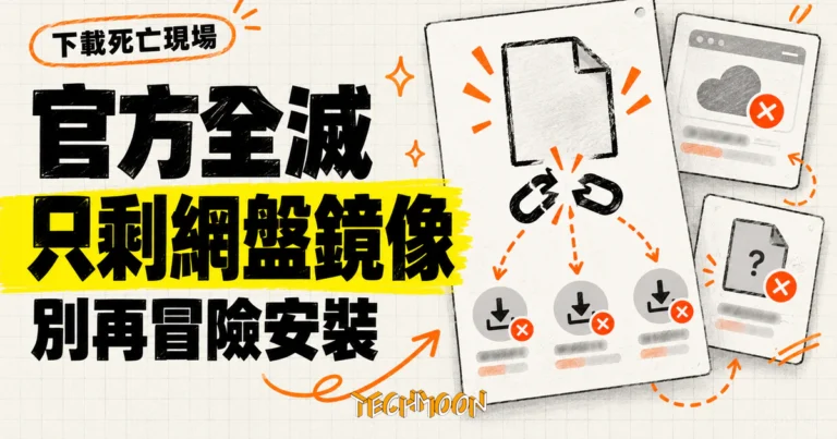 TechMoon 精選圖｜飛揚 PDF 轉換器官方下載全滅，僅存第三方網路硬碟鏡像的死亡現場概念圖