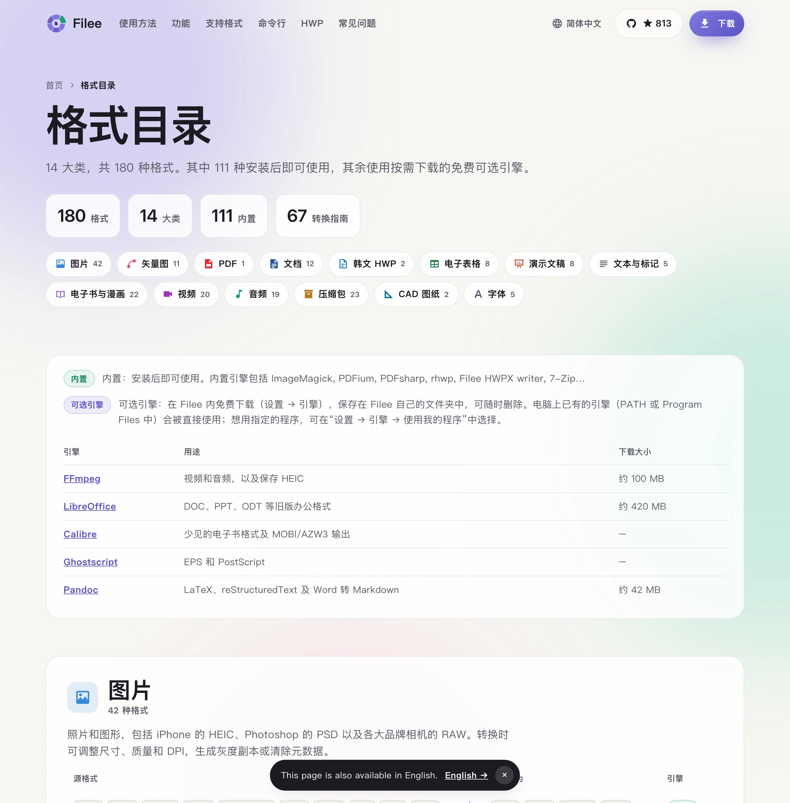 Filee 開源轉檔工具:檔案不上傳,拖一下就轉好 180 種格式 3 Filee 官網格式目錄頁頂部:180 格式、14 大類、111 內建的統計數字,以及圖片 42 種、向量圖 11 種等分類清單