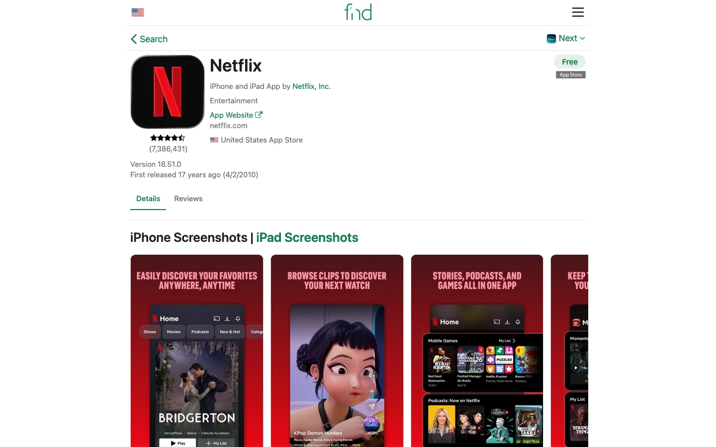 fnd.io 免費跨店查價:從瀏覽器直搜 155 國 App Store 4 fnd.io 站內的 Netflix 詳情頁,顯示 7,386,431 則評分、Free 標籤、開發者 Netflix Inc、分類 Entertainment、官方網站 netflix.com、版本 18.51.0 與首次上架日期 2010 年 4 月 2 日