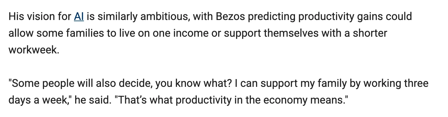 Fox News 專訪報導段落，Bezos 談 AI 生產力提升後部分家庭可只靠一份收入，有些人一週工作三天就能養家