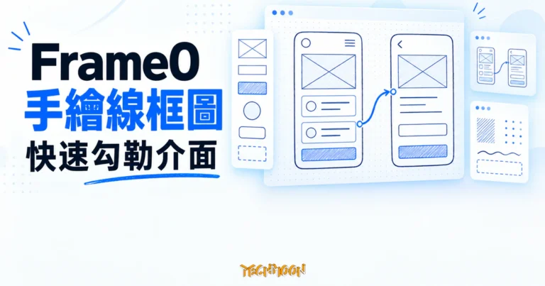 TechMoon 精選圖｜Frame0 手繪風桌面線框圖工具，以手機框架、卡片、按鈕和連線元件快速勾勒應用程式介面草圖。
