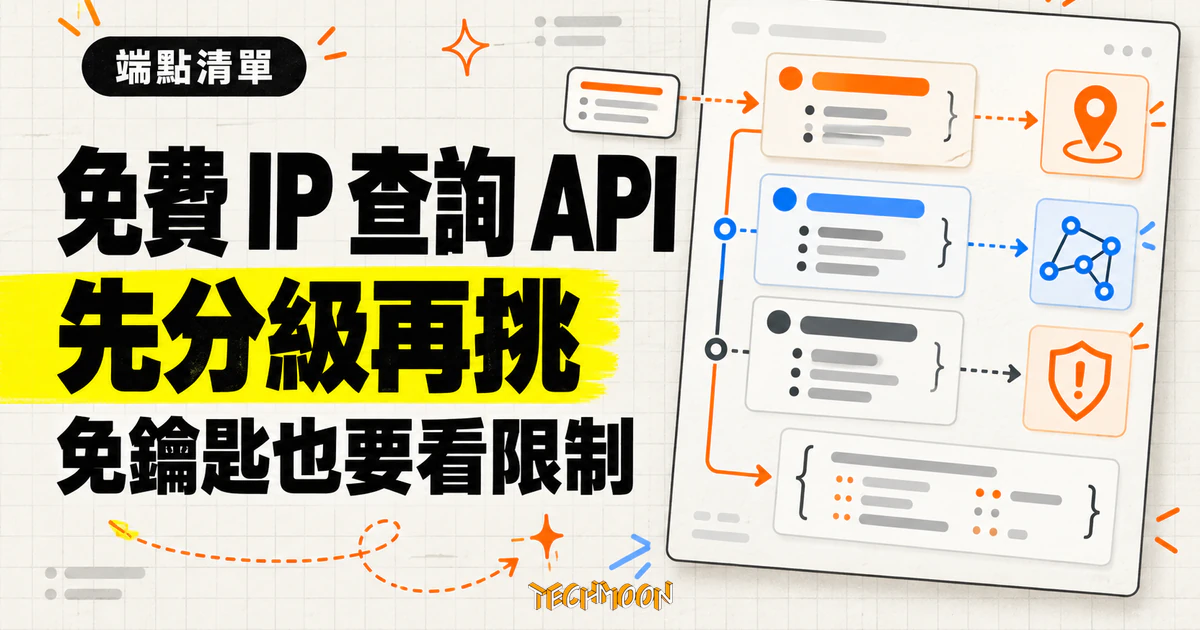 ip-info-api 免費 IP 查詢 API 清單,55 個端點先分級再挑 1 TechMoon 精選圖|免費 IP 查詢 API 端點依用途與限制分級,協助開發者挑選免鑰匙服務。