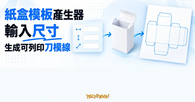 TechMoon 精選圖｜紙盒尺寸輸入卡連接立體包裝盒與攤開刀模圖，呈現輸入長寬高後產生可列印展開圖的流程