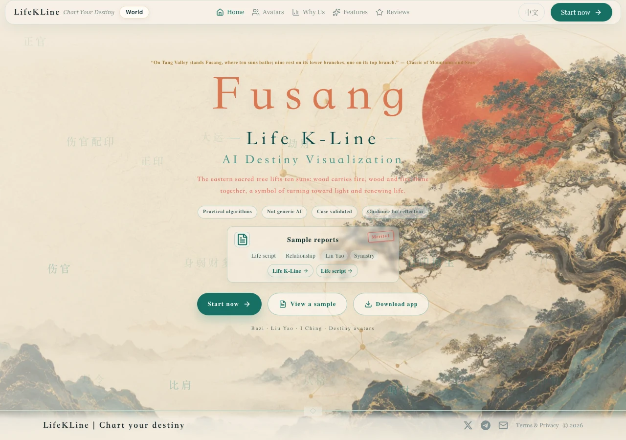 人生K線是什麼?把八字運勢畫成K線圖的AI命理平台與免費額度 4 扶桑 LifeKLine 平台首頁,山海經視覺設計與樣本報告入口