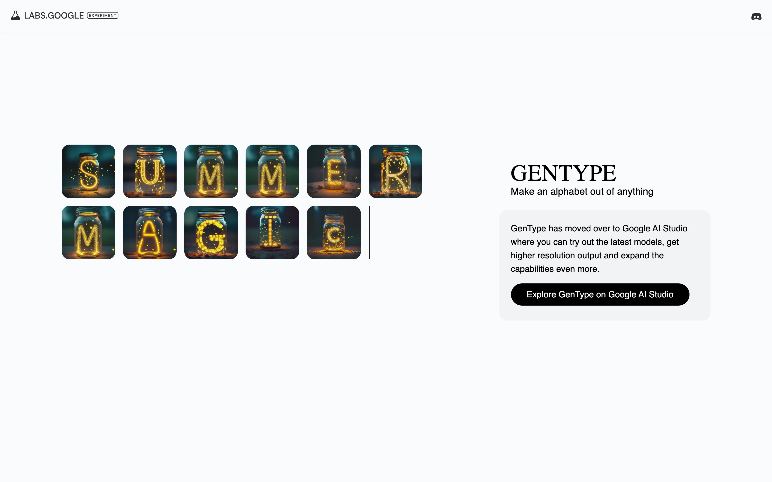 GenType Google 字母表產生器,搬家後先看清入口與代價 2 GenType 官方頁面現況,右側卡片說明工具已搬往 Google AI Studio,左側為預載示範字母