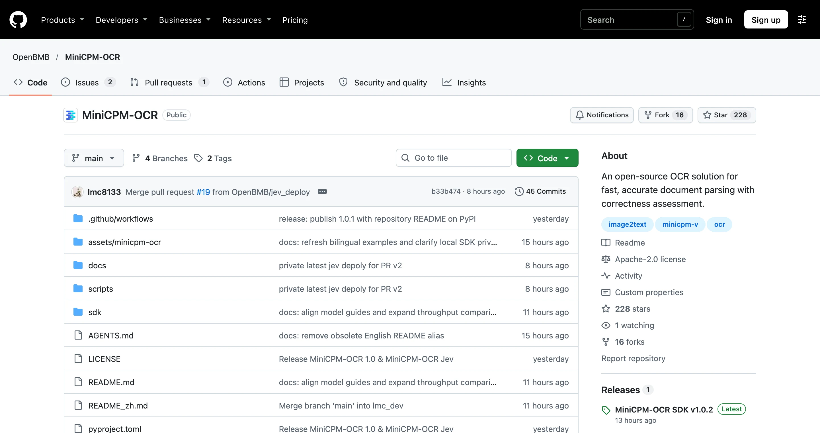 OpenBMB 官方 GitHub 專案頁 2026 年 10 月 29 日截圖：MiniCPM-OCR 開源專案描述為快速且正確的文件解析並附正確性評估，頁面顯示 228 星、16 次 fork 與 45 次提交