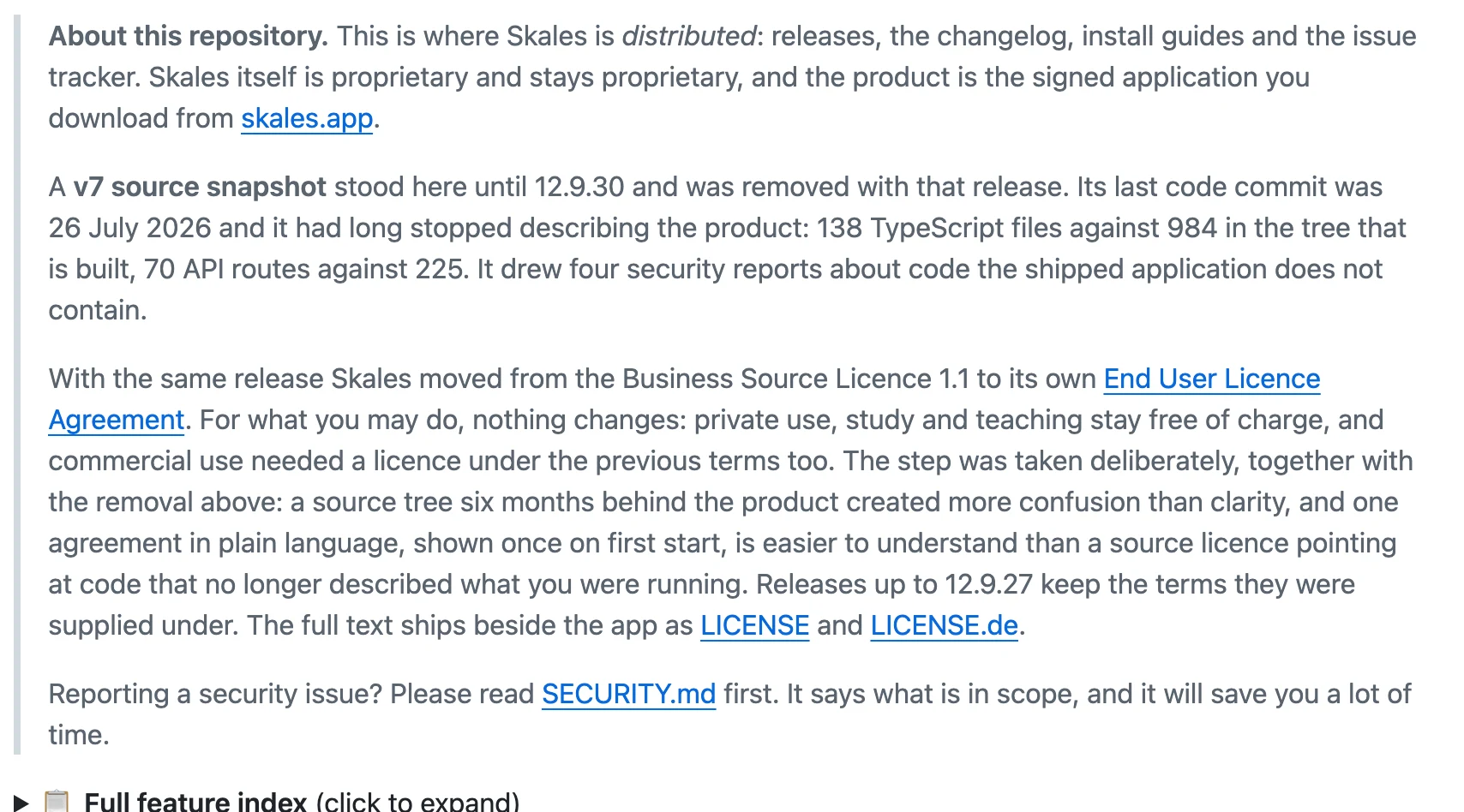 Skales 本機 AI 助理:多代理各自盯控轉向,免費邊界先看清 2 Skales 的 GitHub 儲存庫說明欄:此處是發布管道,Skales 本身是專有軟體並將保持專有,v7 原始碼快照已隨 12.9.30 移除