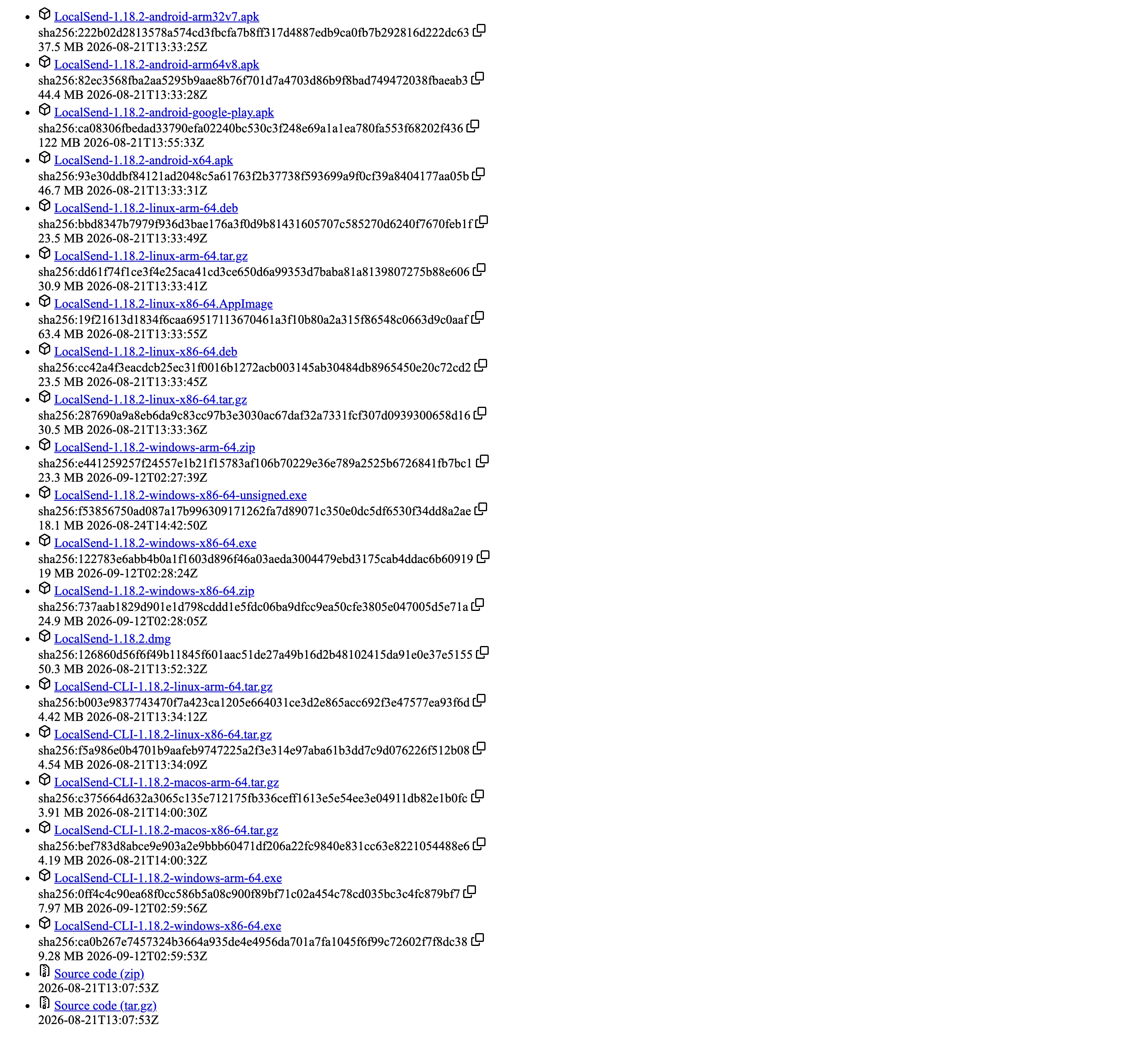 LocalSend 1.18.2 版發布頁的安裝檔清單，列出各平台執行檔、檔案大小與 SHA256 驗證值