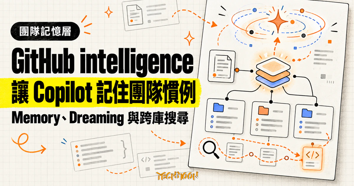 GitHub intelligence 登場:Copilot 開始替團隊記住工作慣例 1 TechMoon 精選圖|GitHub intelligence 以 Copilot Memory、Dreaming 與跨儲存庫程式碼搜尋串起團隊工作慣例。
