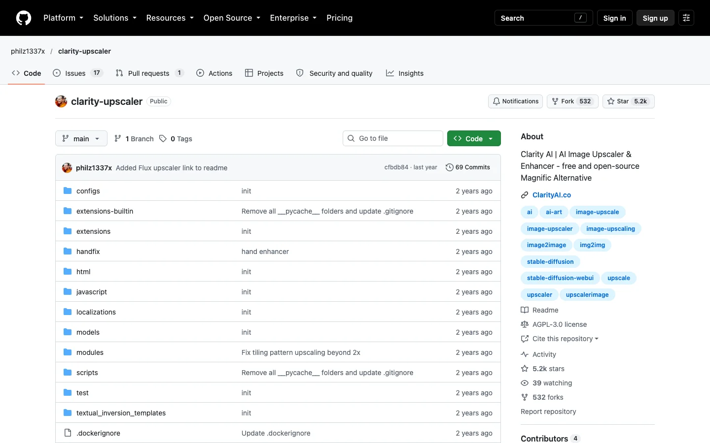 GitHub 上 philz1337x/clarity-upscaler 儲存庫頁面，檔案清單可見 modules 與 scripts 等目錄