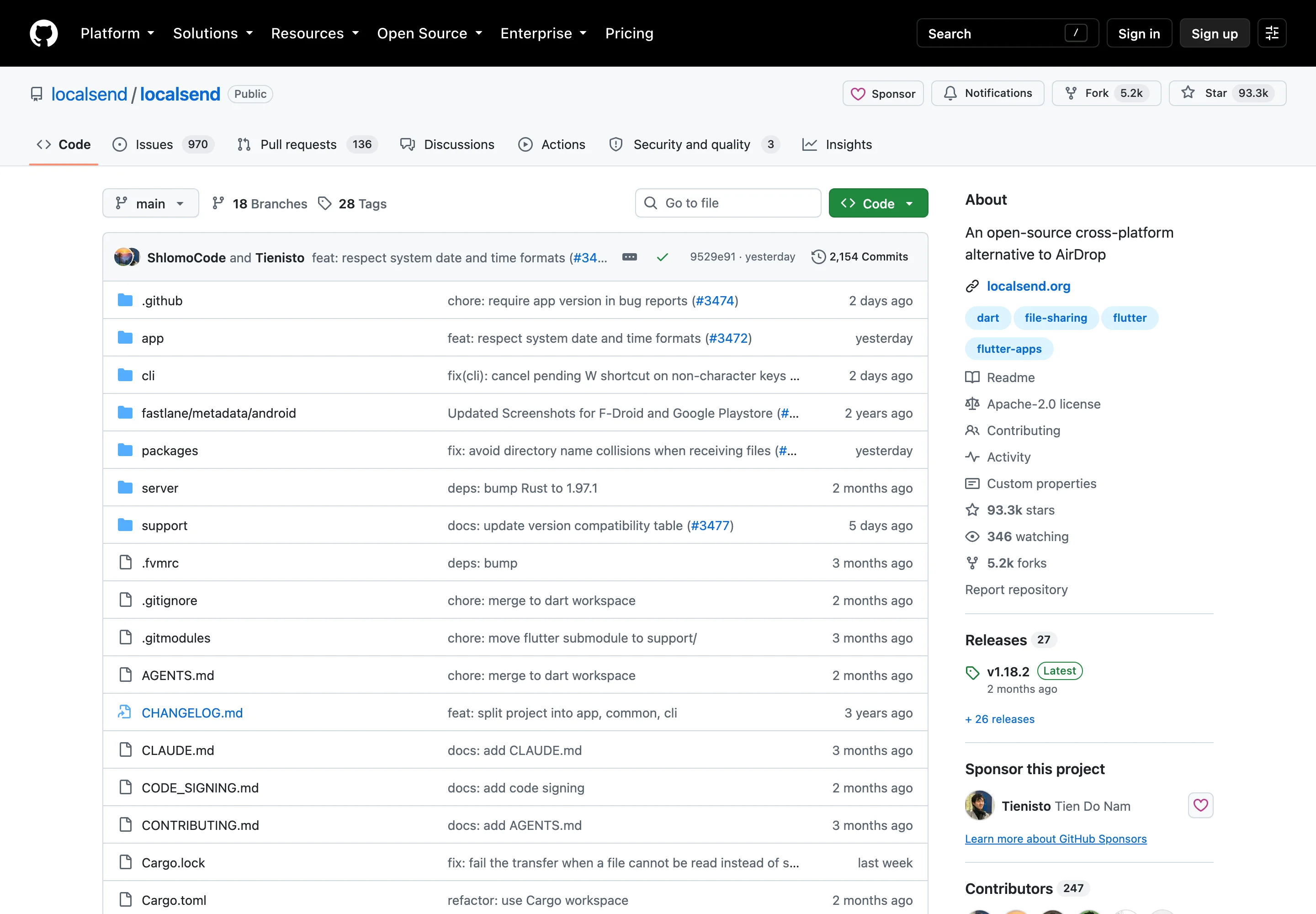 GitHub 上 localsend 專案主頁，顯示超過 9 萬 3 千個 star、5 千多個 fork 與 Apache-2.0 授權