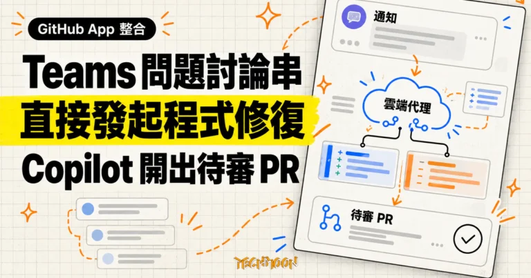 TechMoon 精選圖｜GitHub 把 Teams 訊息通知與 Copilot 雲端代理整合進同一個 App，從問題討論串直接發起修復並開出待審 PR。
