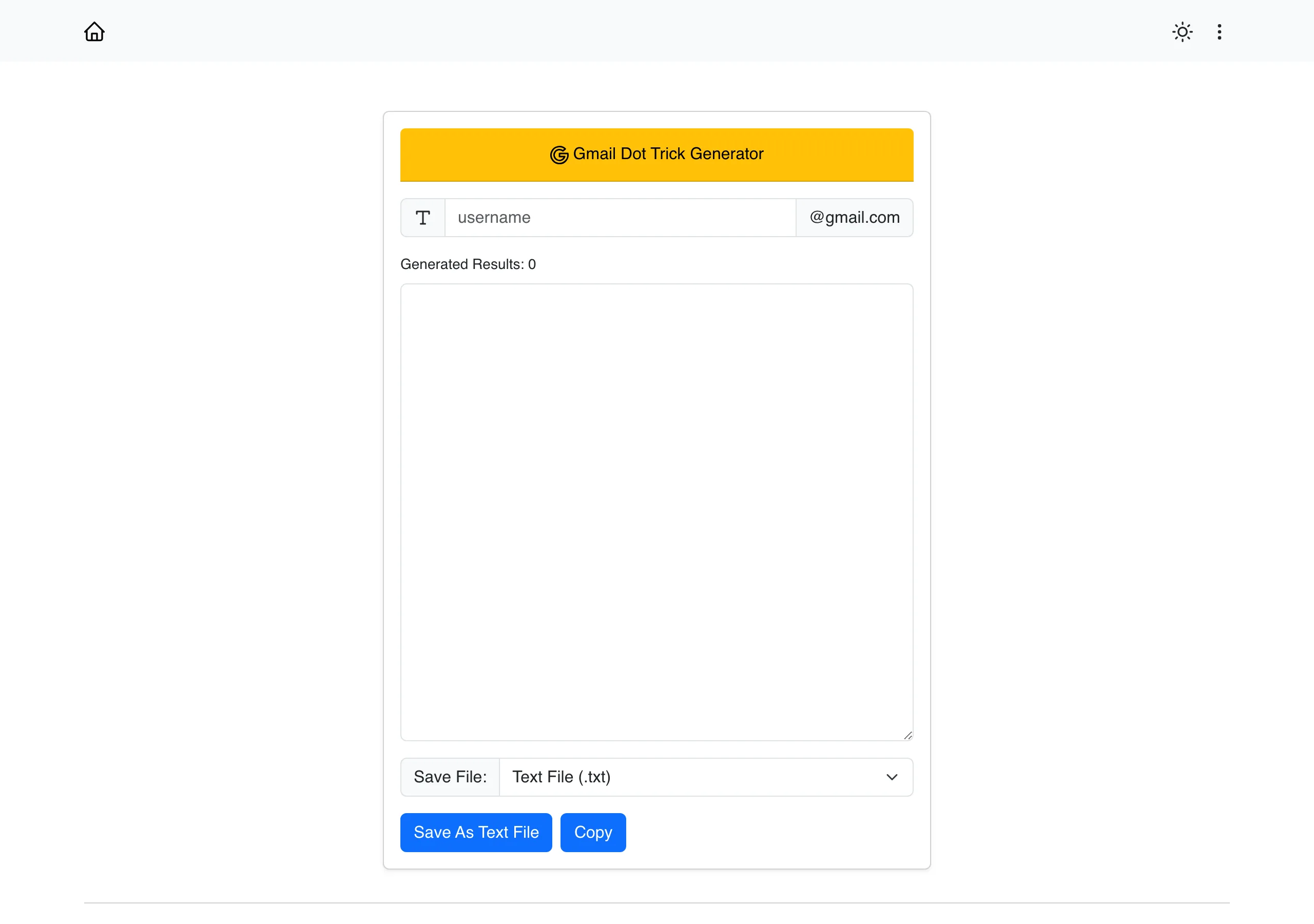 Gmail Dot Trick Generator 工具頁面的網際網路檔案館存檔畫面，顯示 gmail.com 輸入框、Generated Results 計數器與 Save As Text File、Copy 按鈕
