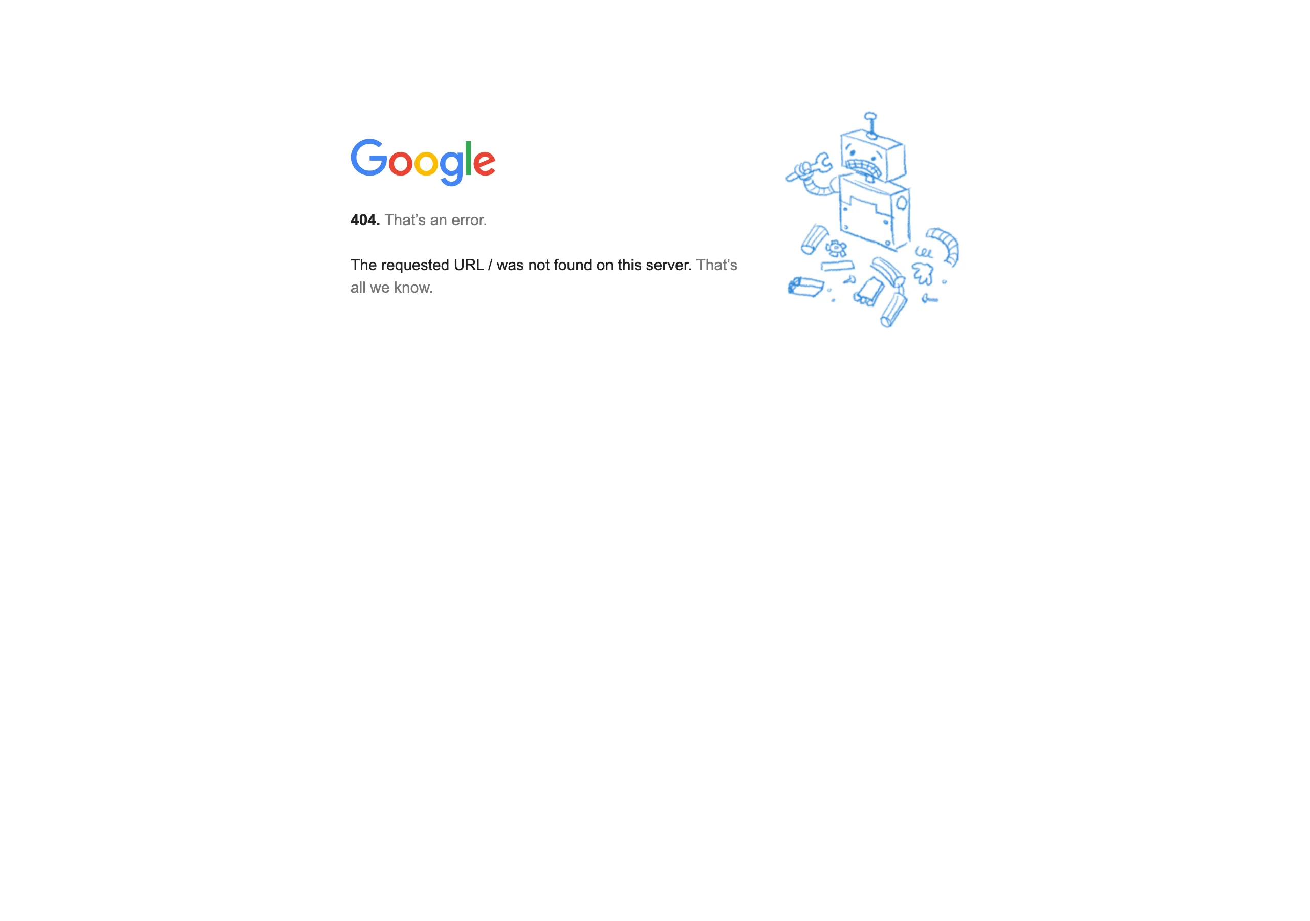 gmail.inputekno.com 現在開啟顯示 Google 的 404 錯誤頁，出現故障機器人圖案與 The requested URL was not found on this server 訊息