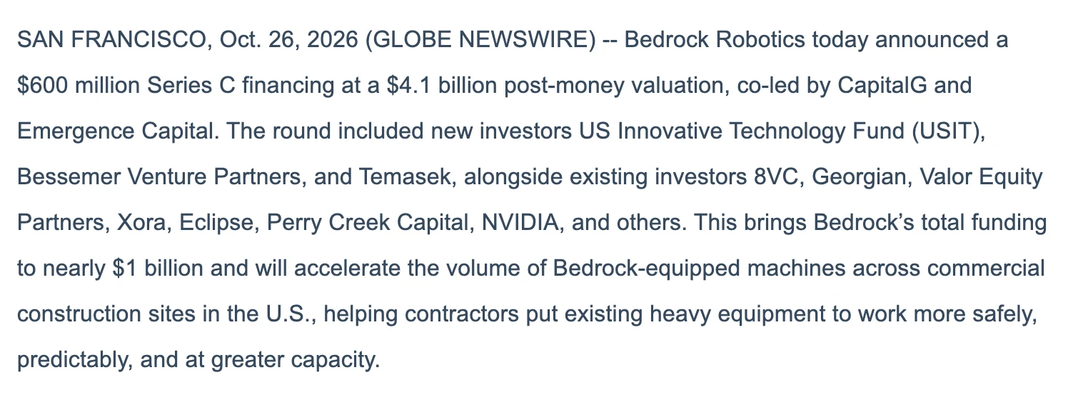 Bedrock Robotics 募得 6 億美元 C 輪,無人挖土機跨州擴張 2 Bedrock Robotics 官方新聞稿 2026 年 10 月 26 日截圖:宣布 6 億美元 C 輪融資,投後估值 41 億美元,CapitalG 與 Emergence Capital 共同領投,新投資人含 USIT、Bessemer 與淡馬錫,NVIDIA 等既有投資人續投,累計募資接近 10 億美元