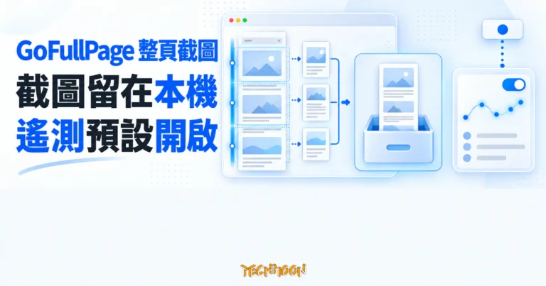 TechMoon 精選圖｜GoFullPage 整頁截圖流程概念，截圖留在本機沙箱，使用遙測預設開啟。