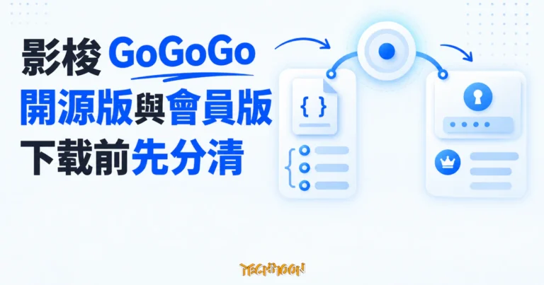 TechMoon 精選圖｜抽象定位節點在中央分岔，左側連到開源程式碼與文件卡，右側連到會員資格與帳號服務卡。