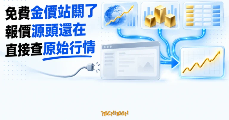 TechMoon 精選圖｜免費金價查詢網站關站後，仍可沿著資料流直接查詢原始金價報價來源