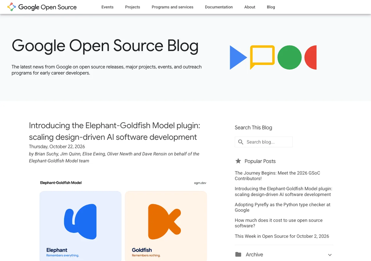 Google 開源部落格 2026 年 10 月 22 日的 Elephant-Goldfish Model 外掛公告頁面，官方主視覺以藍色大象與橘色金魚對比，分別標註記得一切與什麼都不記得