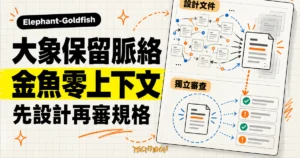 TechMoon 精選圖｜Elephant-Goldfish 讓大象保留完整脈絡設計規格，再由金魚以零上下文獨立審查。