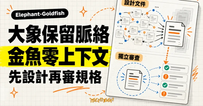 TechMoon 精選圖｜Elephant-Goldfish 讓大象保留完整脈絡設計規格，再由金魚以零上下文獨立審查。