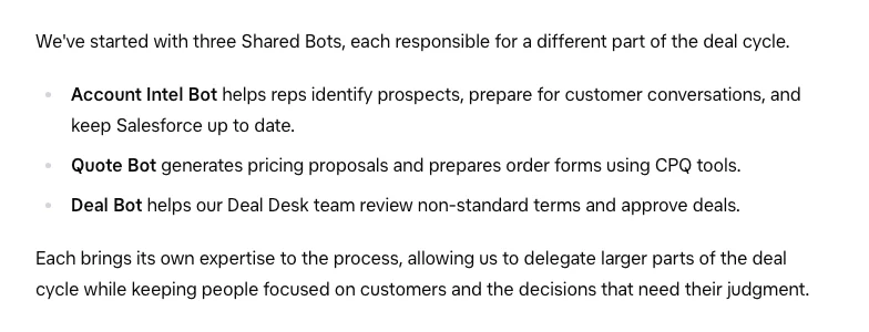 Grok Bot 官方案例:自家銷售團隊把報價與審核交給共享代理 3 官方文章列出三個共享代理的分工:Account Intel Bot 客戶研究、Quote Bot 報價、Deal Bot 審查