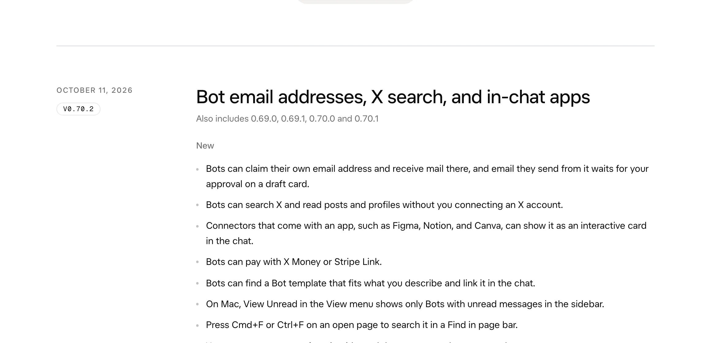 Grok Bot 提速更新:三倍宣稱怎麼讀,碰錢的連接器先看條款 3 Grok Bot 官方更新紀錄截圖,日期標籤 OCTOBER 11 2026 與版本徽章 v0.70.2,條目標題 Bot email addresses, X search, and in-chat apps,New 清單列出 Bot 認領信箱、免連 X 帳號搜尋、Figma Notion Canva 互動卡片與 X Money 或 Stripe Link 付款