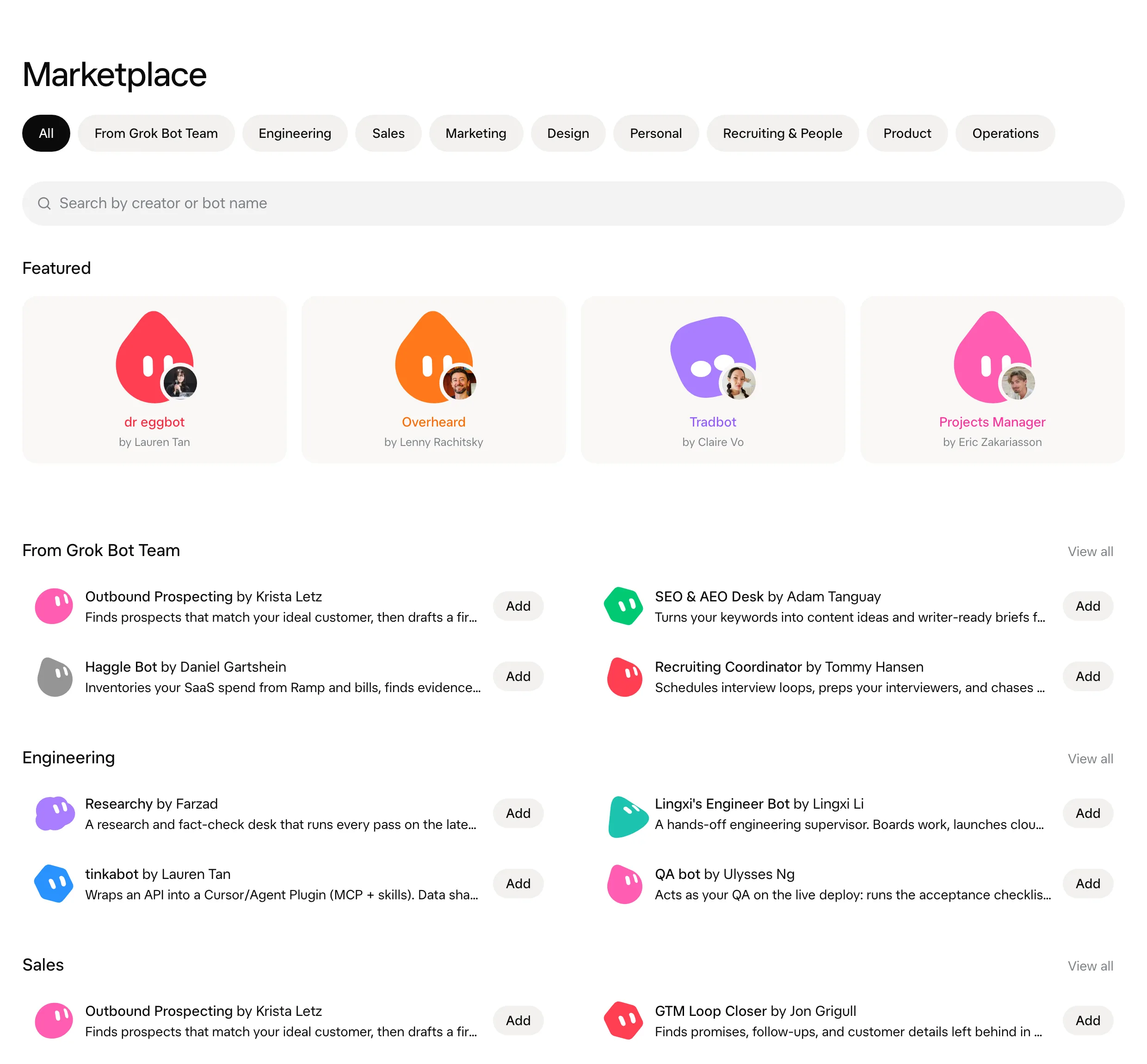 Grok Bot 提速更新:三倍宣稱怎麼讀,碰錢的連接器先看條款 2 Grok Bot Marketplace 公開頁面截圖,分類標籤為 All、From Grok Bot Team、Engineering、Sales、Marketing、Design、Personal、Recruiting and People、Product、Operations,陳列 dr eggbot、Overheard、Tradbot、Projects Manager 等 Bot 範本