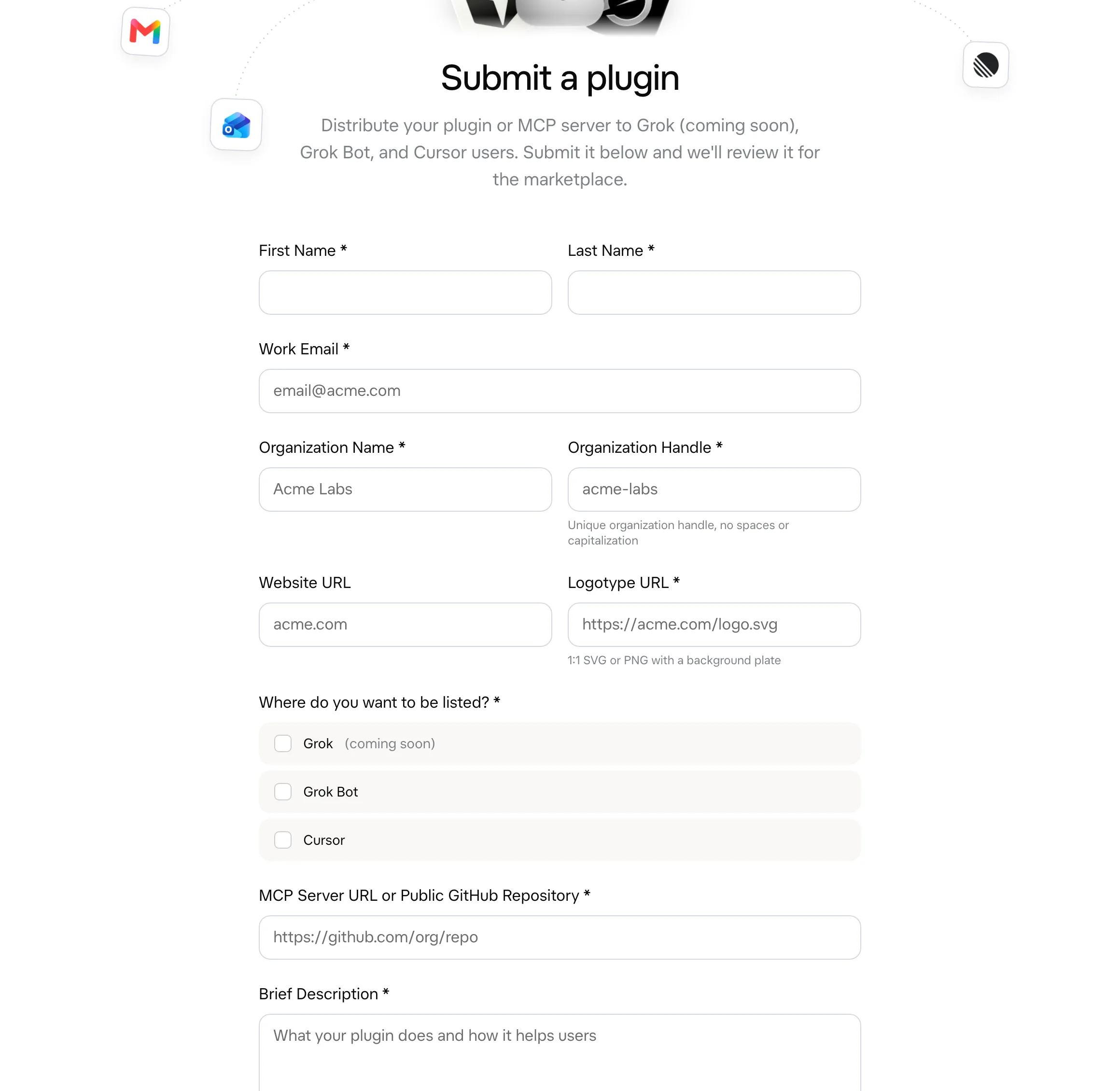 Grok Bot 提速更新:三倍宣稱怎麼讀,碰錢的連接器先看條款 4 Grok Bot 外掛投稿頁截圖,標題 Submit a plugin,說明文字 Distribute your plugin or MCP server to Grok (coming soon), Grok Bot, and Cursor users,表單含 Where do you want to be listed 核取 Grok、Grok Bot、Cursor 與 MCP Server URL or Public GitHub Repository 欄位